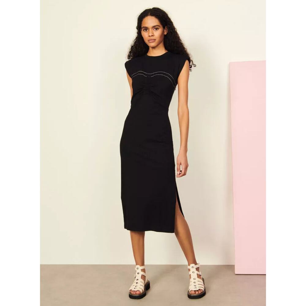 Sandro‎ Black Stitched Ruched Gathered Midi Dress Size 34 NWT